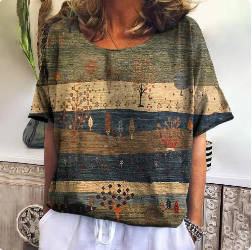 Women's Plaid O-Neck Casual Loose Fit T-Shirt - Cindy's Shop