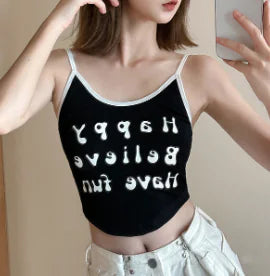Women's Color Block Letter Halter Top - Casual Slim Fit - Cindy's Shop