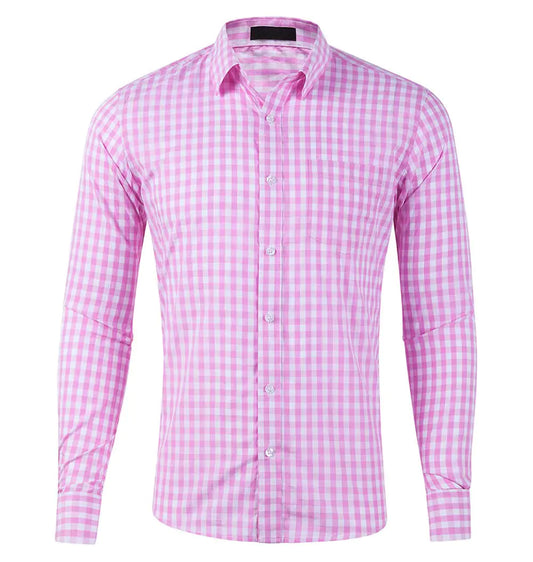 CATERTO Men Plaid Cotton Casual Slim Fit Long Sleeve Button Down Dress Shirts (XL Pink) - Cindy's Shop